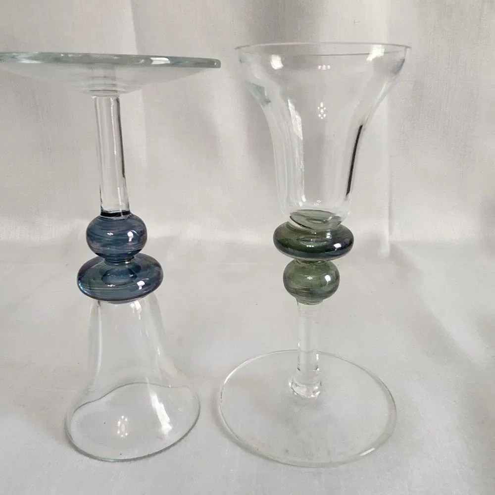 Hand-Blown Glass Wine Goblets With Blue & Green Swirl Beads‎